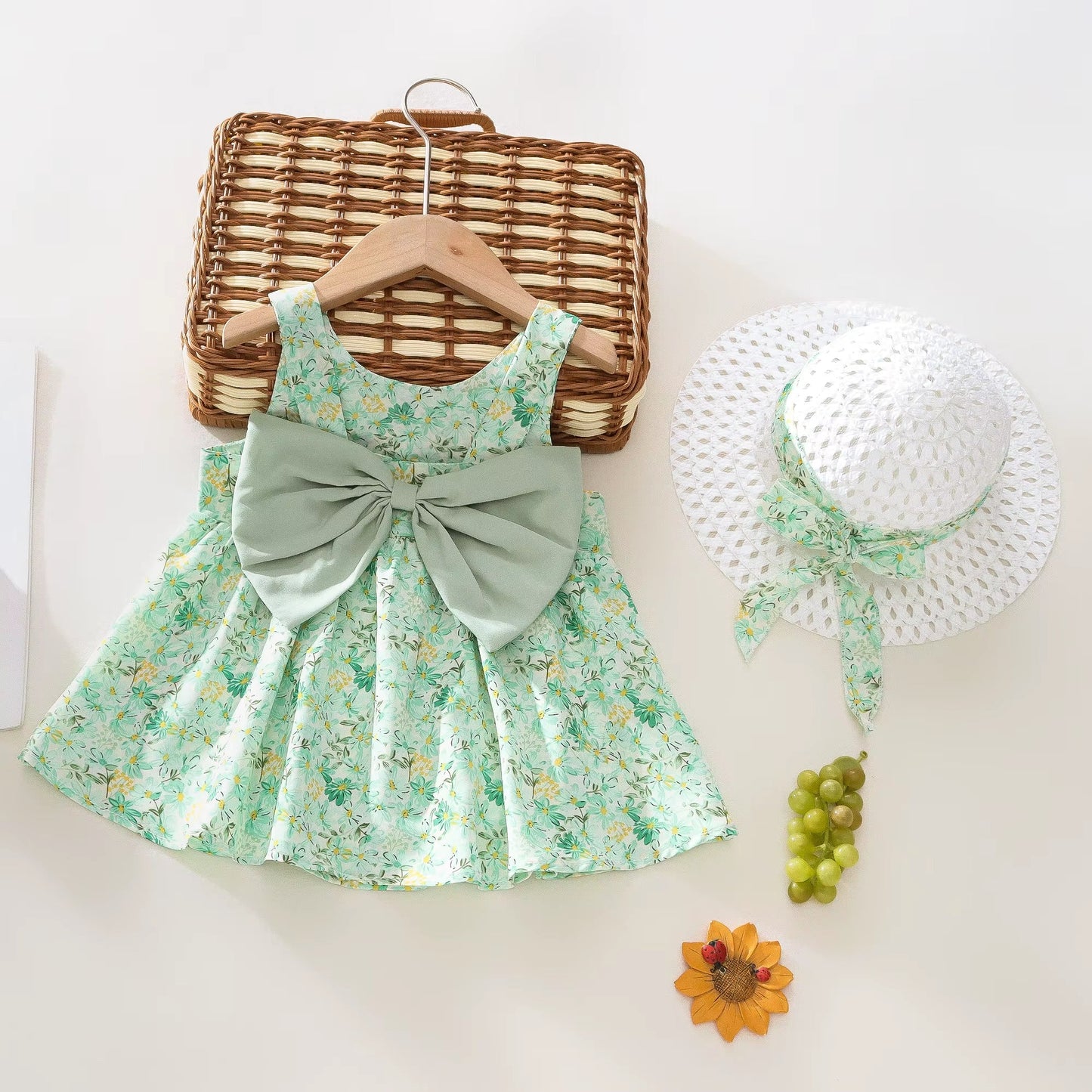 Summer 2-Piece Baby Dress+Sun Hat Bow Strap Floral Baby Girl Dress Soft and Comfortable Children'S Clothing