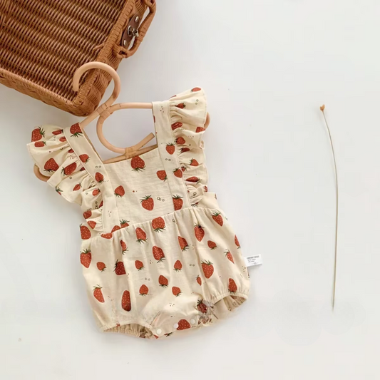 Berry Belle – Strawberry Print Ruffle Cotton Romper for Baby Girls