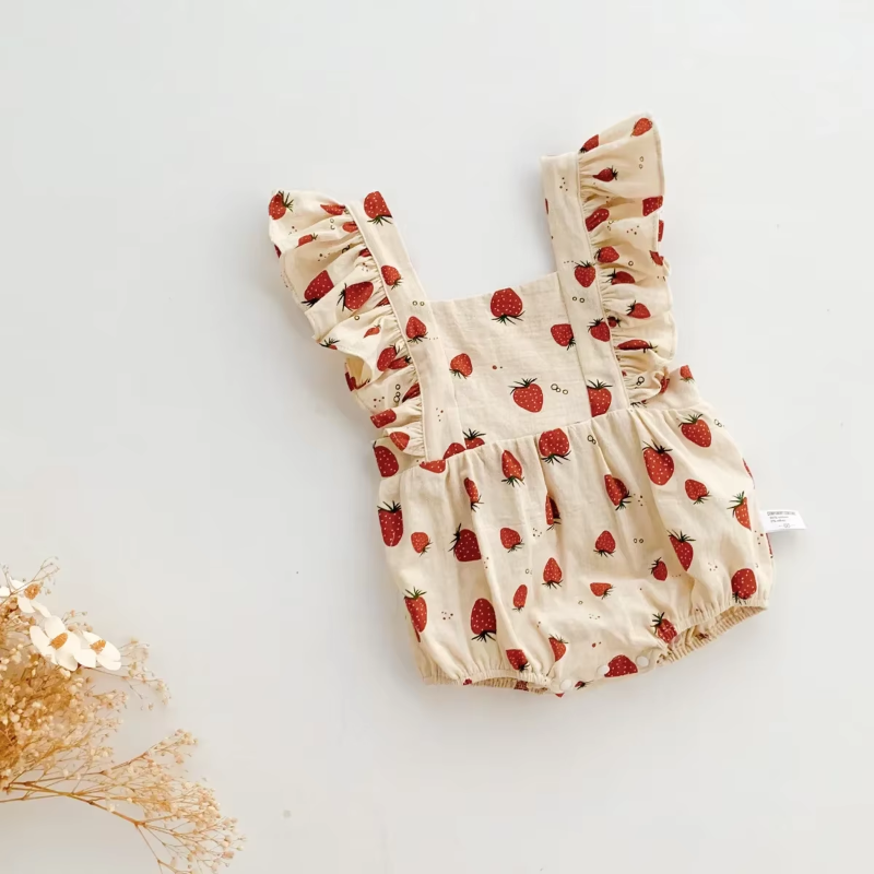 Berry Belle – Strawberry Print Ruffle Cotton Romper for Baby Girls
