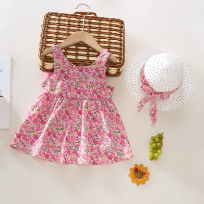 Summer 2-Piece Baby Dress+Sun Hat Bow Strap Floral Baby Girl Dress Soft and Comfortable Children'S Clothing
