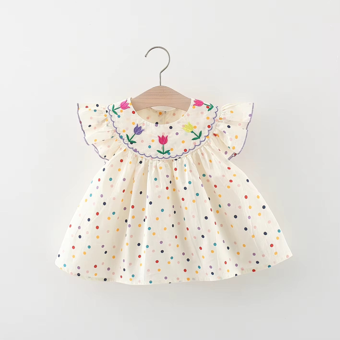 Blooming Beauty: Embroidered Cotton Baby Dress with Polka Dot Print